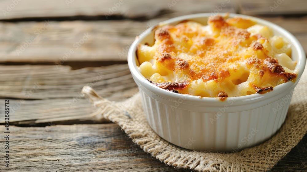 Creamy dish of baked mac and cheese in white ramekin on rustic wooden surface Creamy dish of baked mac and cheese in white ramekin on rustic wooden surface