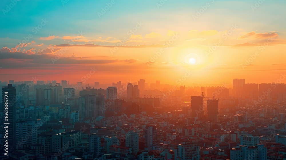 The sun rises over a prosperous cityscape with many buildings. with a soft orange horizon gradually Changed to a bright blue morning sky The sun rises over a prosperous cityscape with many buildings. with a soft orange horizon gradually Changed to a bright blue morning sky