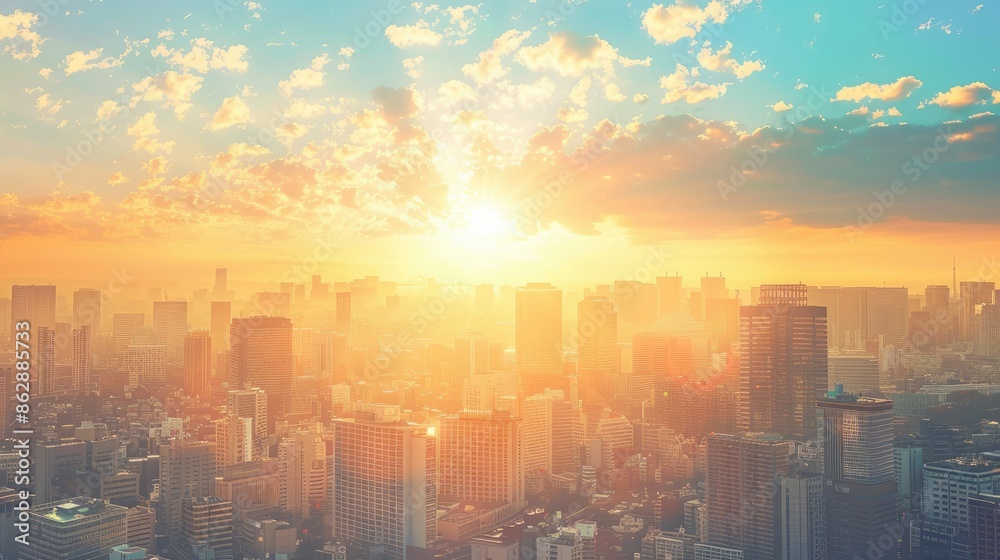 The sun rises over a prosperous cityscape with many buildings. with a soft orange horizon gradually Changed to a bright blue morning sky The sun rises over a prosperous cityscape with many buildings. with a soft orange horizon gradually Changed to a bright blue morning sky