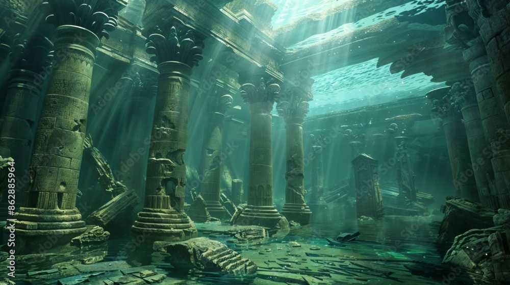 Epic underwater scene of ancient sunken temple ruins with submerged ...