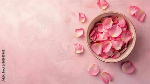 Bowl filled with pink rose petals on soft background © Татьяна Макарова