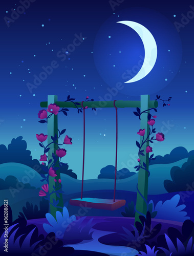 Night landscape. Empty garden swing covered with flowers. Vector colorful illustration for cards and design. Bright moonlight.
