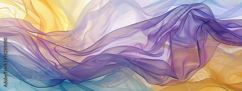 Translucent, flowing ribbons in pastel hues of purple, blue, and yellow create a dreamy, ethereal effect