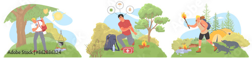Traveler needs of emergency help in camping vector illustration. Adventurer attacked by swarm of insects and wild aggressive wolves, suffering from allergy symptoms scene set