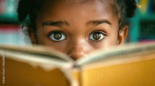 Close up of curious smart children 's eye hiding behind the comic book with blurring background. Elementary student looking at camera surrounded with diverse children. Education concept. AIG42.