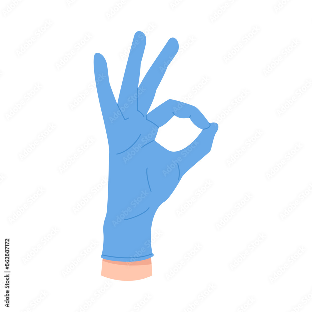 Hand of doctor in disposable blue glove showing OK gesture, great positive signal vector illustration Hand of doctor in disposable blue glove showing OK gesture, great positive signal vector illustration