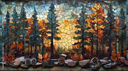 A stained glass mosaic depicting a pine forest, detailed patterns of tall pines, cones, and needles, rich greens and browns, capturing the beauty of a dense forest, intricate and vibrant, hd quality, 