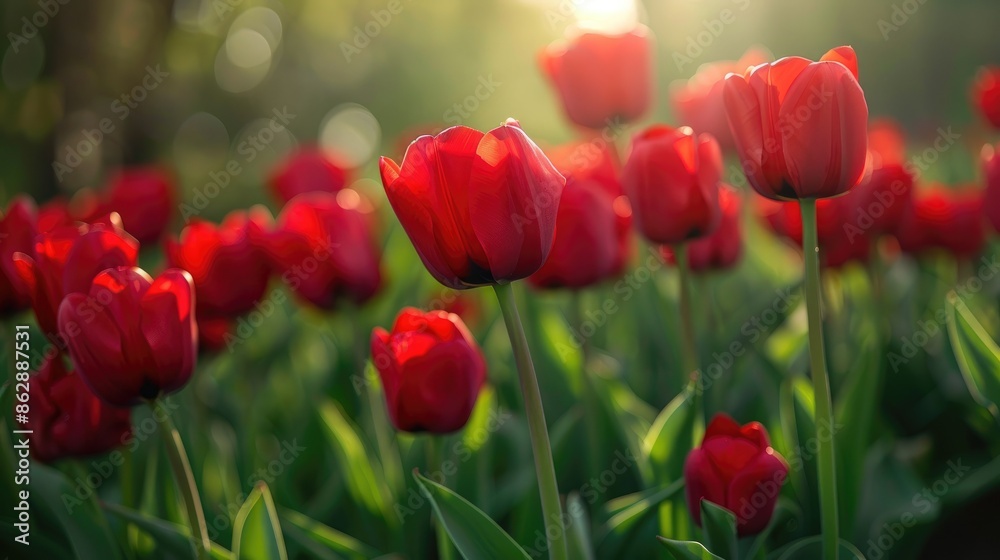 Obraz premium Vibrant red tulips in full bloom