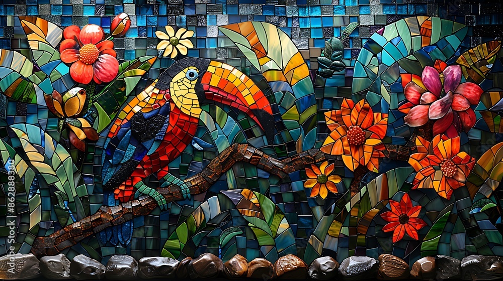 Fototapeta premium A stained glass mosaic depicting a rainforest, lush green foliage, colorful animals, intricate details, capturing the beauty of the jungle, vibrant and detailed, hd quality, natural look --ar 16:9 --v