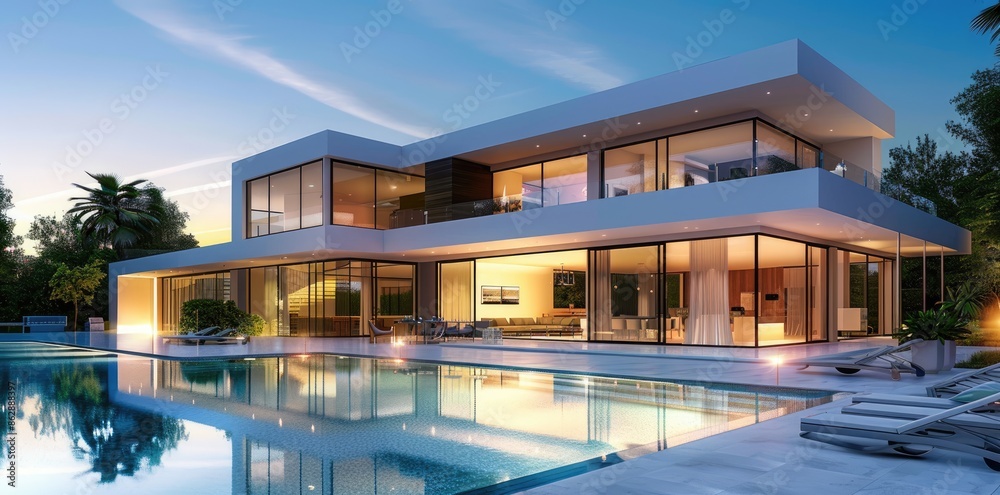 Fototapeta premium Modern villa style house with a pool in backyard. Luxury living with modern fusion architecture.
