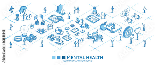 Mental health isometric seamless pattern. Psychotherapy, yoga line 3d icons, people characters, arrows. Vector background teamwork concept illustration. Wellness journey, work life balance infograph