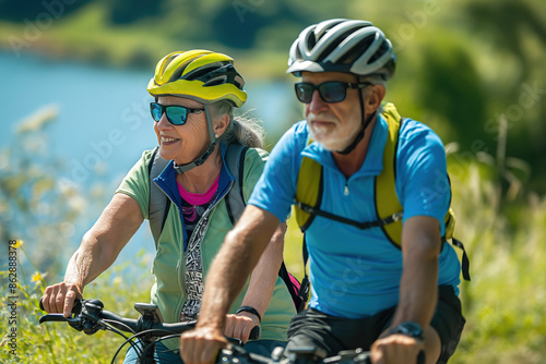 Elderly couple biking together along a scenic path