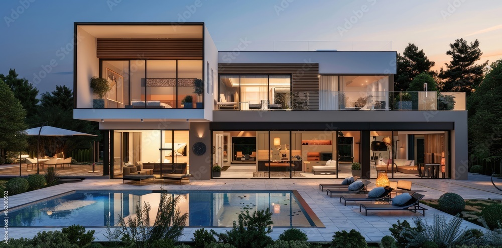 Modern villa style house with a pool in backyard. Luxury living with modern fusion architecture. Modern villa style house with a pool in backyard. Luxury living with modern fusion architecture.