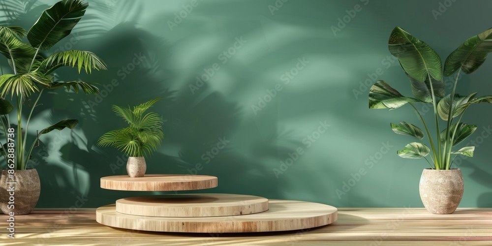Wooden podiums on a textured green background with tropical leaves, sunlight Wooden podiums on a textured green background with tropical leaves, sunlight