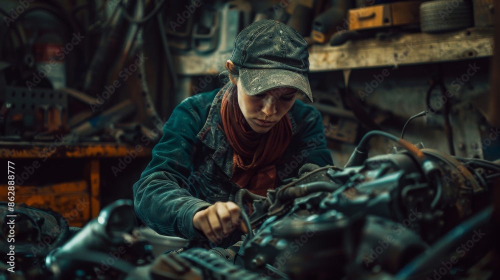 Focused Mechanic Working on Engine Generative AI Focused Mechanic Working on Engine Generative AI