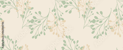 Wallpaper Mural Pastel minimalist pattern with green abstract shapes branches on a light beige background. Vector hand drawing sketch. Plain unique  floral stems intertwined in a seamless print. Design Torontodigital.ca