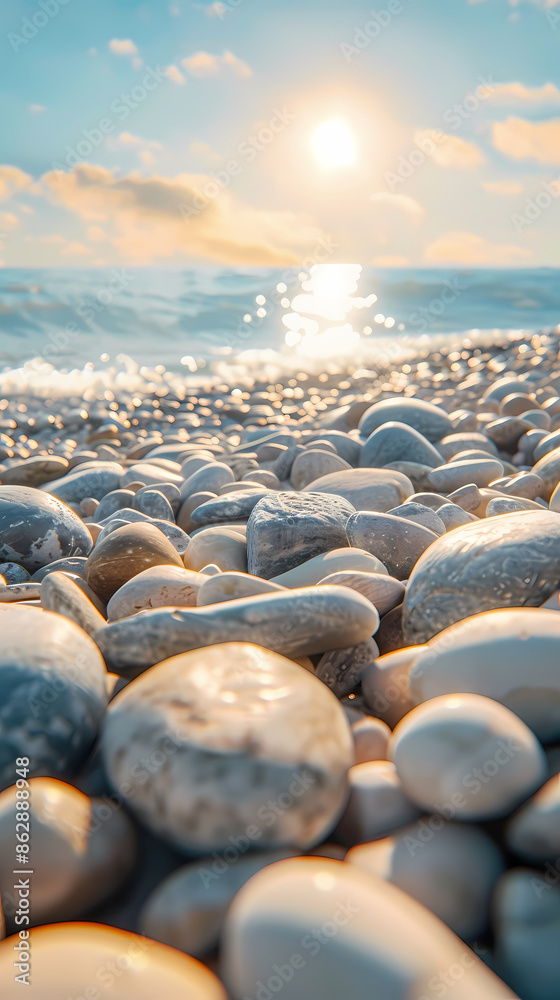 Obraz premium Beautiful beach scene with pebbles on the shore