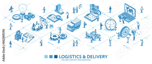 Global Logistics, delivery isometric seamless pattern. Line 3d icon, people character, arrows. Distribution, business infograph. Vector background teamwork concept illustration. Import, export journey