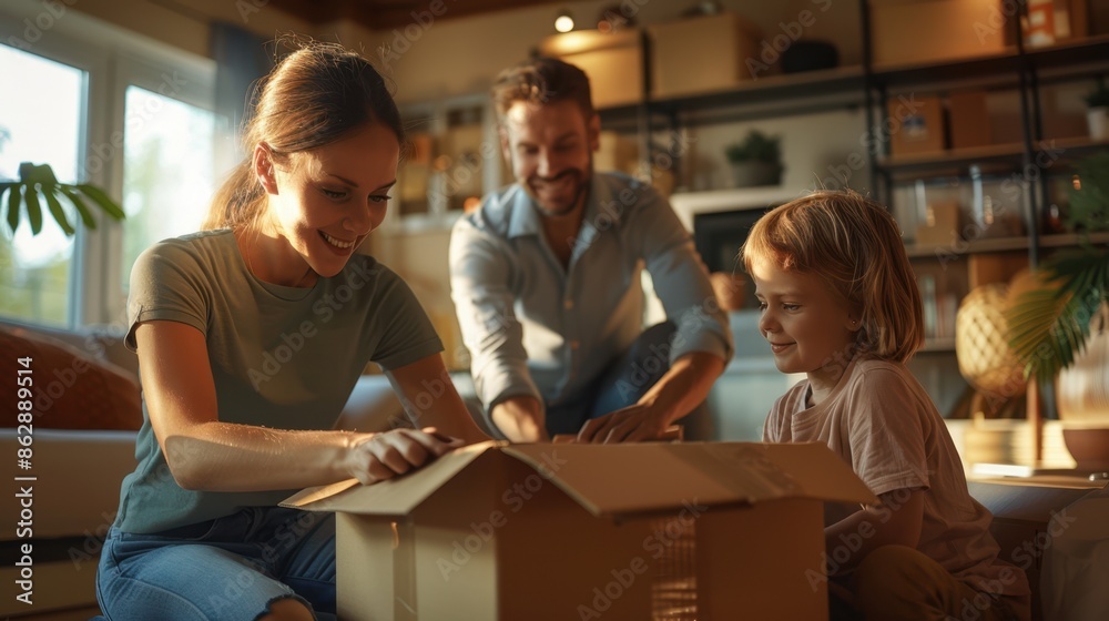 Happy family unboxing a package together in their living room. Smiling parents and child create joyful moments during home activities.