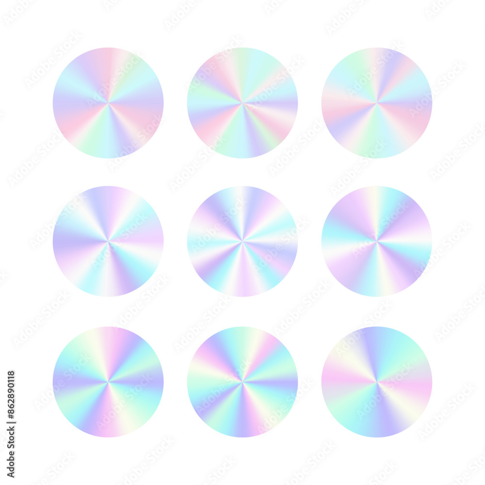 Obraz premium Holographic conical radial gradients set. Multicolored circle discs.