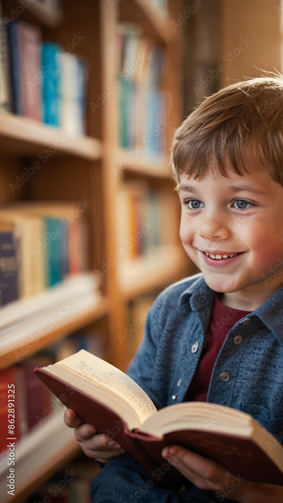 Happy kid reading with smiling in library Happy kid reading with smiling in library