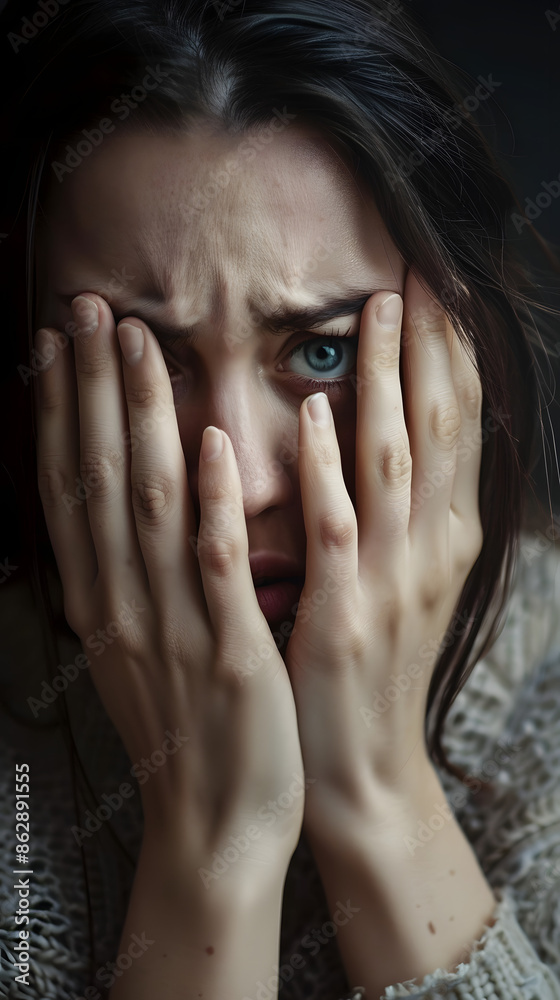 A woman shields her face from view with her hands A woman shields her face from view with her hands