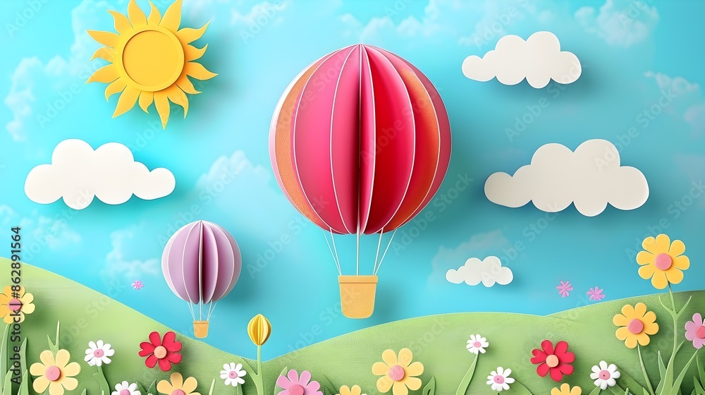 Fototapeta premium Colorful Paper Balloons Soaring In Whimsical Summer Landscape With Flowers And Clouds
