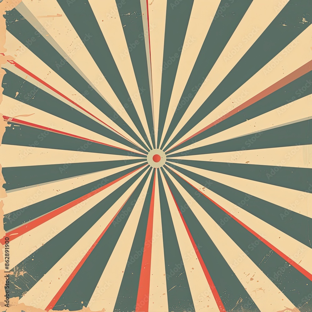 Fototapeta premium Vintage Retro Sunburst Background with Distressed Textured Effect in Red, Blue, Yellow, and Cream Tones - Nostalgic Radial Design for Graphic Projects