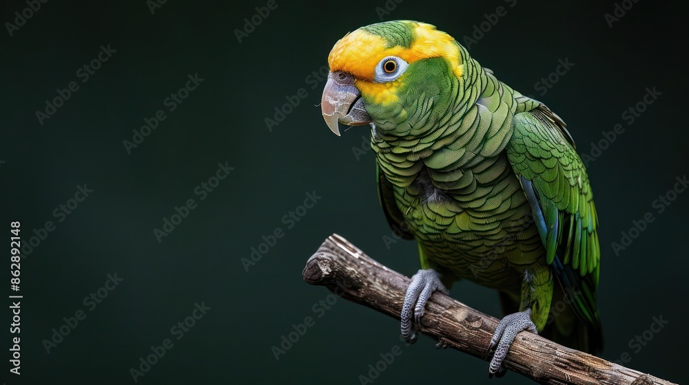 Obraz premium Portrait photography of Yellow-crowned Amazon bird catch standing on wood stick , studio shot isolated on single color background ,editorial style, shoot by DSLR .
