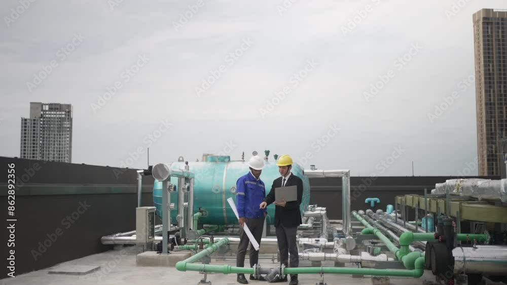 Engineers are checking cooling system at rooftop. Engineers are checking cooling system at rooftop.