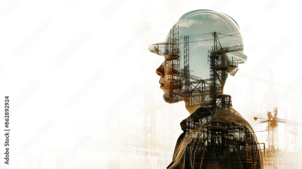 Conceptual Representation of Global Industry in a Human Profile, Double exposition, Worker and Facility. Conceptual Representation of Global Industry in a Human Profile, Double exposition, Worker and Facility.