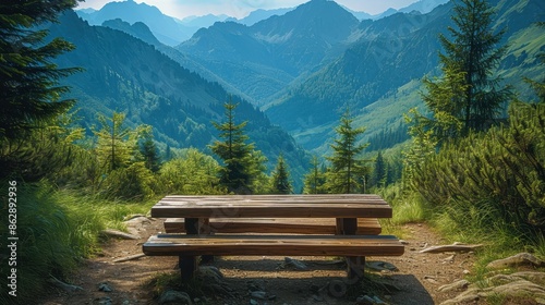 A wooden bench faces a stunning mountain range under a crisp, clear sky, offering a spot for introspection and connection with nature amidst lush, pristine surroundings.