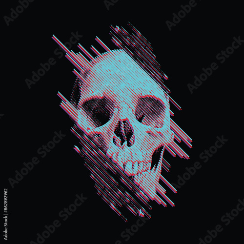 Fun, Playful, Modern, Distressed, Grunge, Masculine, Youthful, Colorful, Glitch Style Skull Vector Design Illustration