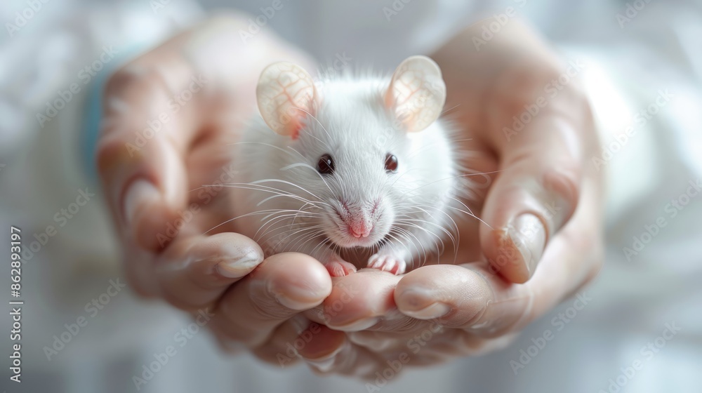 White laboratory mouse in hands of a scientist White laboratory mouse in hands of a scientist