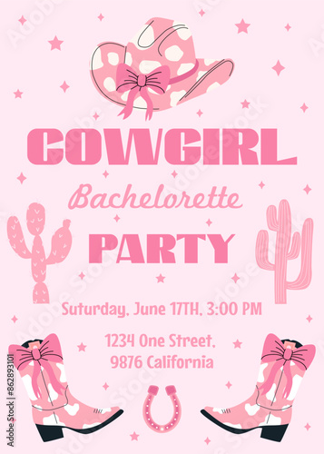 Hen Party invitation card. Last rodeo. Bachelorette party invitation template with cowboy hats, boots and cactus. Girls disco party. Wedding stationery. Vector illustration. On pink background