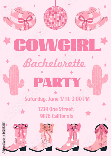 Hen Party invitation card. Last rodeo. Bachelorette party invitation template with cowboy hats, boots and disco ball. Girls disco party. Wedding stationery. Vector illustration. On pink background