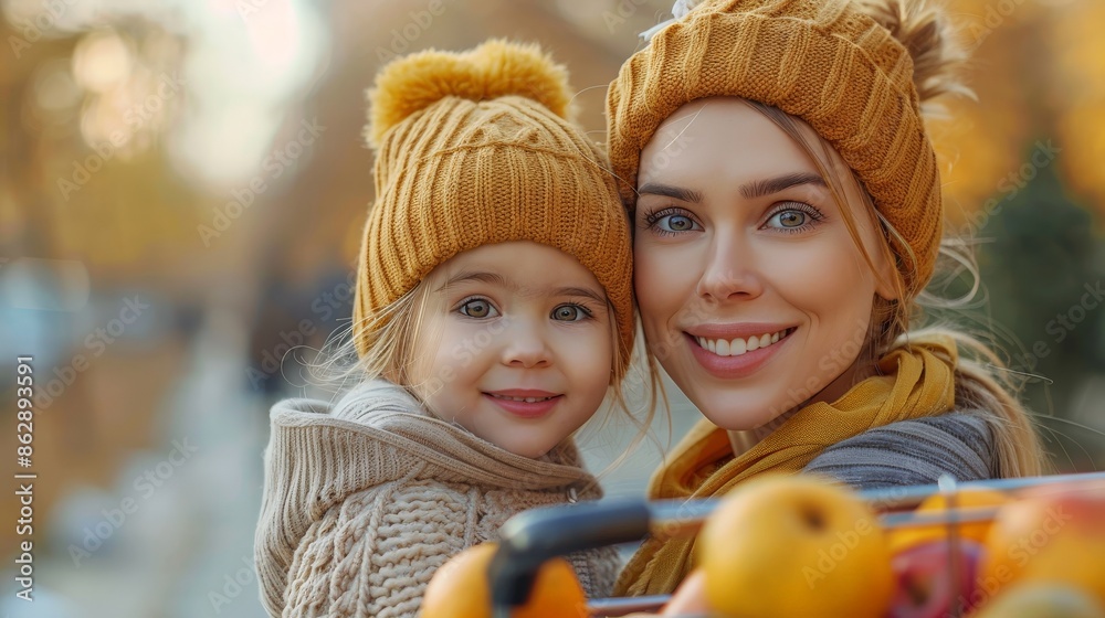 Obraz premium A Mother And Daughter Share A Warm Smile While Shopping For Autumn Produce. Generative AI