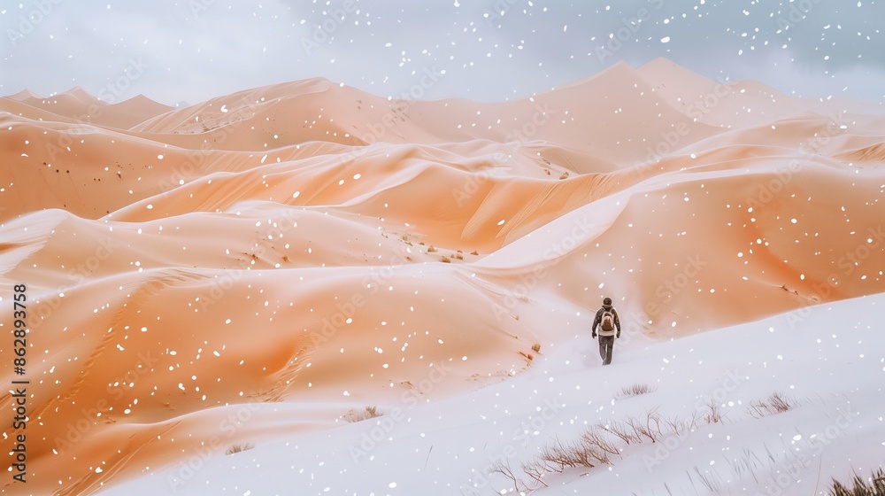 Fototapeta premium A lone explorer treks through a surreal snowy desert landscape, contrasting the warm sandy dunes against a cold, snowy foreground
