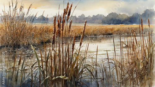 Watercolor painting: A dense stand of cattails, with their distinctive brown seed heads, providing shelter and nesting sites for wetland birds,