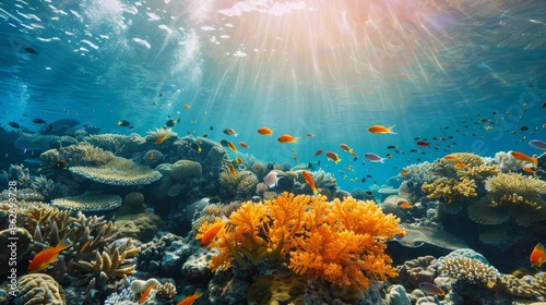 Sunbeams Illuminating Vibrant Coral Reef
