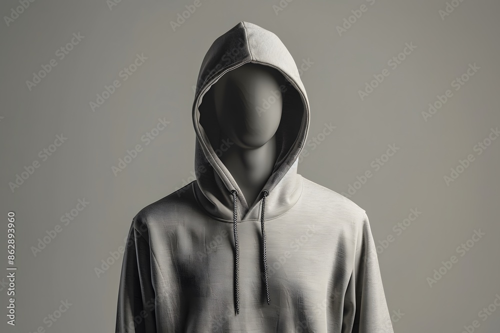 Mannequin wearing a grey hoodie with hood up, front view. Blank hoodie mockup for fashion design or brand identity. Mannequin wearing a grey hoodie with hood up, front view. Blank hoodie mockup for fashion design or brand identity.