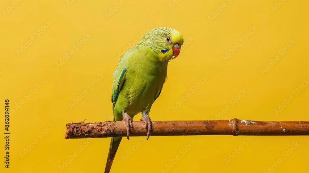 Naklejka premium Portrait photography of Lineolated Parakeet bird catch standing on wood stick , studio shot isolated on single color background ,editorial style, shoot by DSLR .