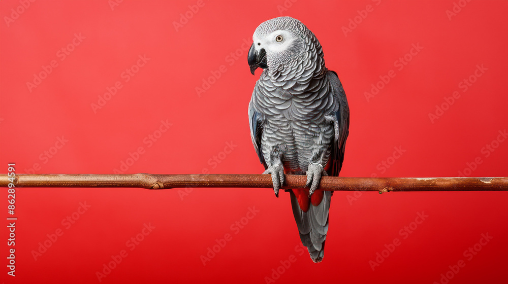 Obraz premium Portrait photography of African Grey Parrot bird catch standing on wood stick , studio shot isolated on single color background ,editorial style, shoot by DSLR .
