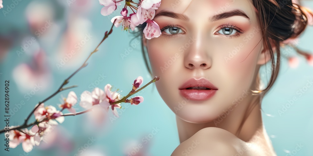 A woman with a blue eye and pink flowers in her hair. She is wearing makeup and has a natural look A woman with a blue eye and pink flowers in her hair. She is wearing makeup and has a natural look