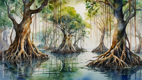 Watercolor painting: A picturesque mangrove forest, with its tangled roots and rich biodiversity, providing a nursery for marine life,