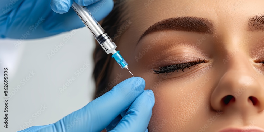 A woman is getting a shot in her undereye wrinkles. The woman is wearing blue gloves. The shot is being administered by a doctor