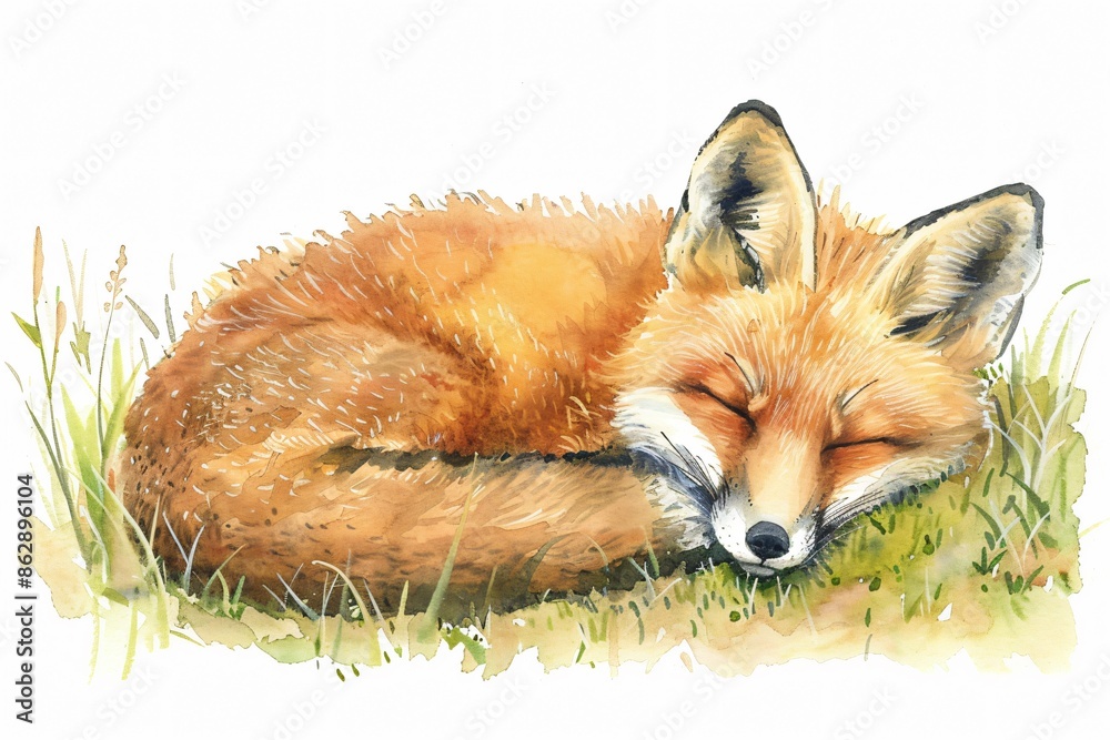 Naklejka premium Cute little fox curled up in a meadow Watercolor illustration