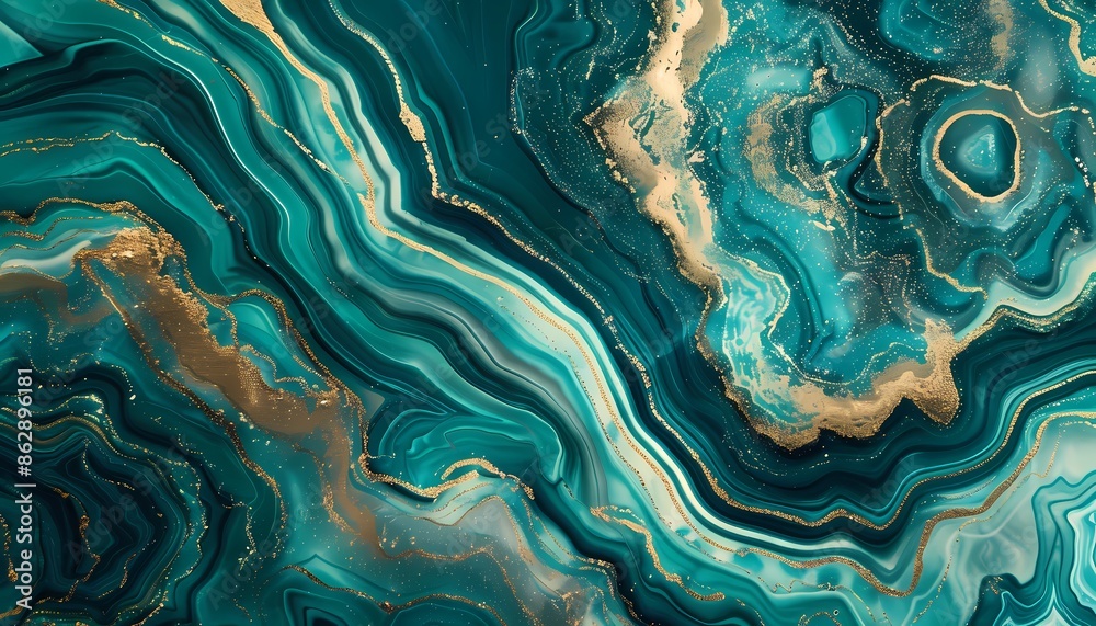 Obraz premium Top View of Teal and Gold Abstract Fluid Art - High Resolution, Emerald Agate Style