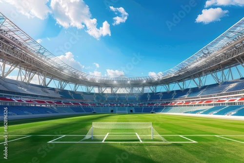 An empty soccer stadium with green field and blue sky