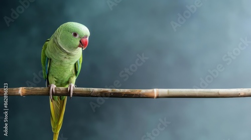 Portrait photography of Derbyan Parakeet bird catch standing on wood stick , studio shot isolated on single color background ,editorial style, shoot by DSLR . photo